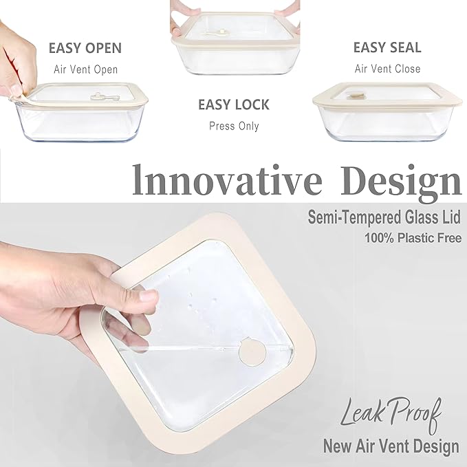 Urban Green Glass Food Container Set with Glass Lid, 3 Pack, Meal Prep Containers with Silicone Framed Airtight Lid, Leakproof, 100% Plastic Free,