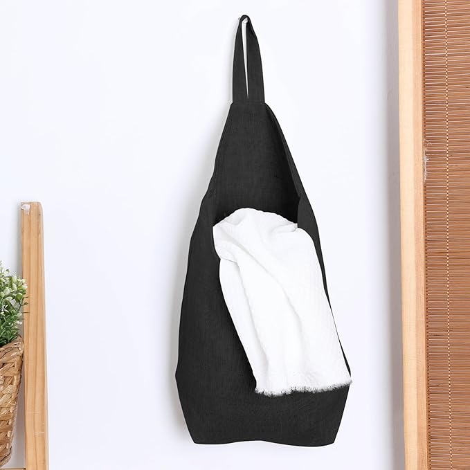 100% Linen Hanging Storage Bags Baskets 2 Pcs, Small Wall Storage Bag for Kitchen, Bedroom, RV Camper Organizer, Sewing Room, Nursery Storage, Kids Room (Black)
