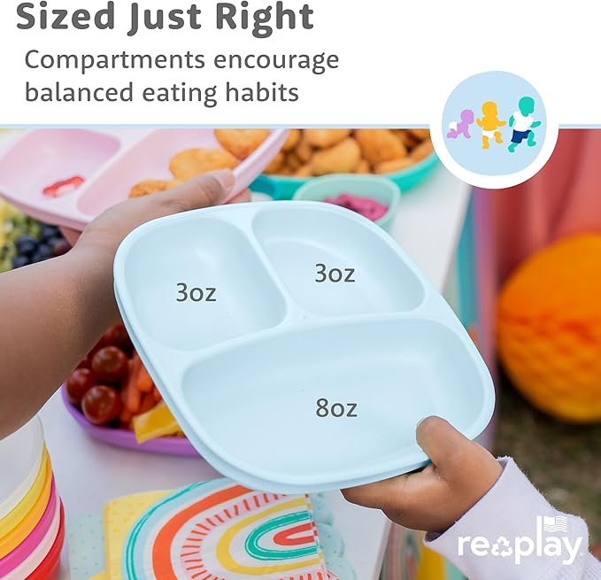 Re-Play Toddler Plates with Dividers - Deep-Walled 3 Compartments Divided Plates for Kids - Dishwasher & Microwave Safe - Made in USA - Set of 4-7.37" x 7.37" x 1.25" - Cool Blues
