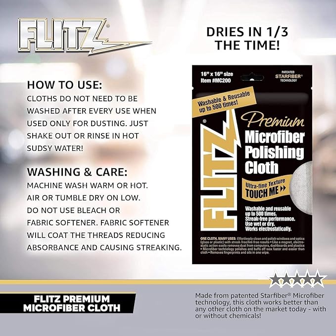 Flitz Premium Microfiber Polishing Cloth (400 GSM) - 16" x 16" USA-Made Grey Lint Free Microfiber Cleaning Cloth - Washable and Ultra Absorbent Micro Fiber Towel for Cars, Metals, & More (4 Pack)