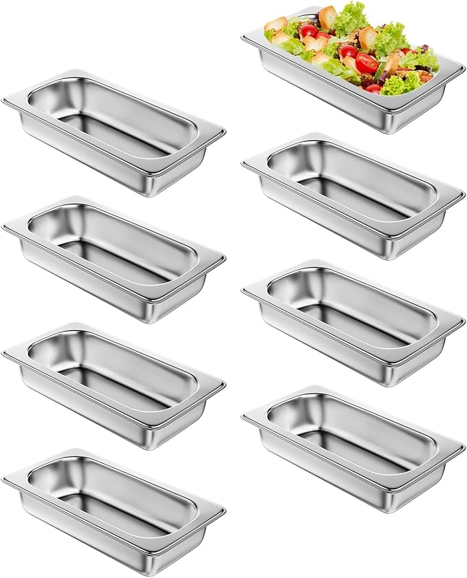 1/4 Size Steam Table Pans: 8-Pack 2.5 Inch Deep Restaurant Steam Table Pans Commercial Food Warmers, Hotel Pan Made of Stainless Steel