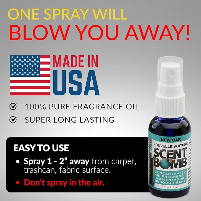 Scent Bomb Air Freshener Spray, Long-Lasting Odor Eliminator - Effective Deodorizer for Home & Car, Fresh Room Spray for Kitchen, Bathroom & Smell Neutralizer - 1 oz Pack of 4, New Car Scent