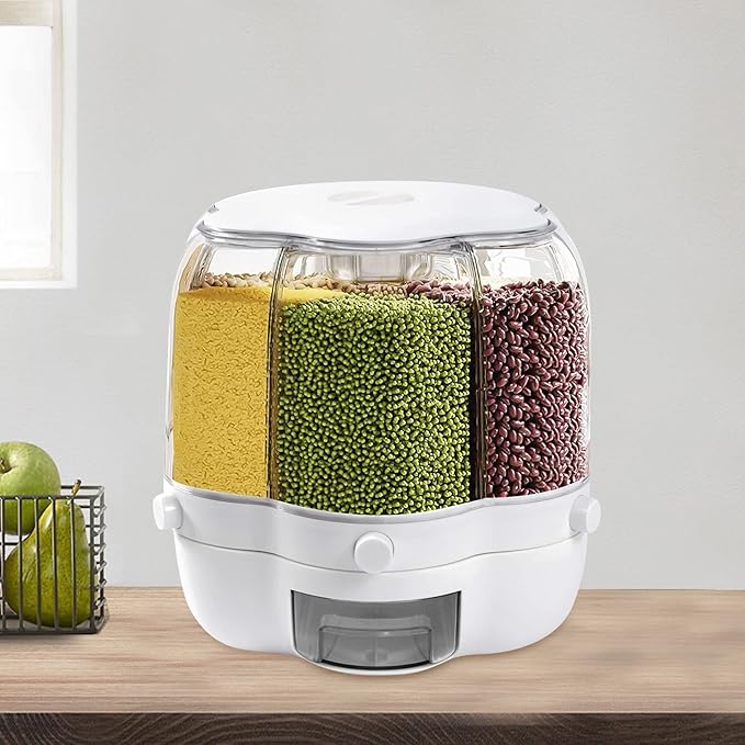 Rotating Grain Dispenser, Round Multigrain Tank Cup 6-Compartment Rice and Bean Dispenser, 17.64lb Cereal Grain Dispenser for Store Rice, Red Beans, Yellow Beans, Black Beans