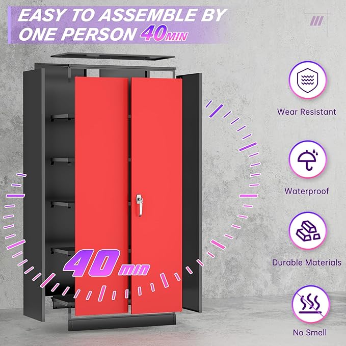 Superday Metal Storage Cabinets, 72" Storage Cabinet with Locking Door, Tall Garage Cabinet with 2 Doors and 4 Adjustable Shelves for Home Office, Classroom, Easy Assemble(Black Red)