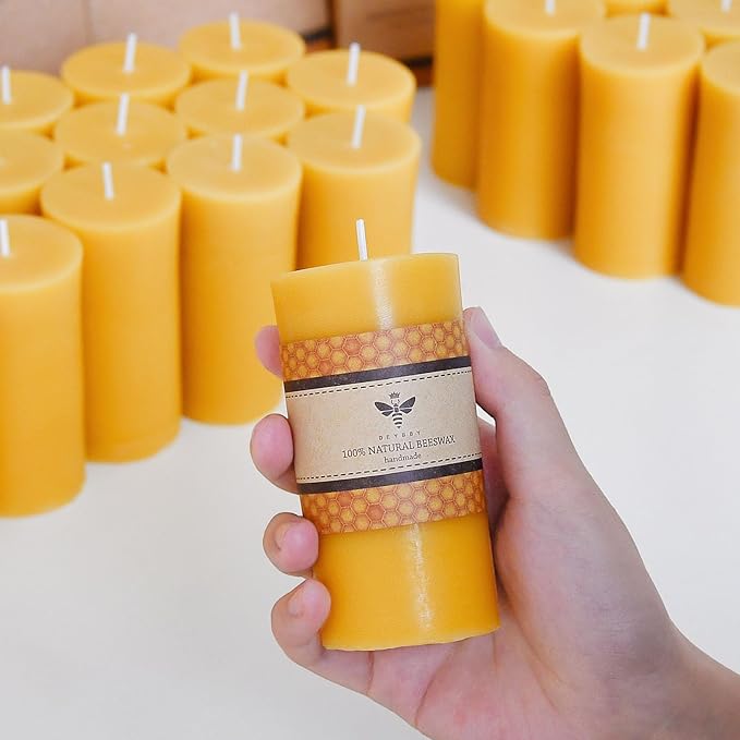 DEYBBY 2 x 4 inch Natural Beeswax Pillar Candles Set of 6, Smokeless Dripless Pure Beeswax Candle with Natural Scent for Room Decoration Prayer Party, Long Lasting Burn Time, Yellow Raw