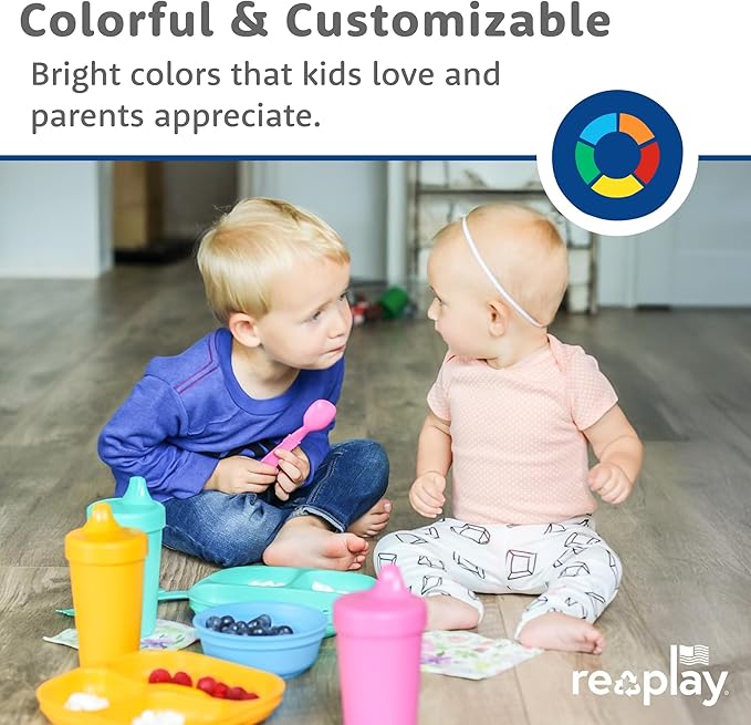 Re-Play Toddler Plates with Dividers & Silicone Lid - Deep-Walled 3 Compartments Divided Plates for Kids - Dishwasher/Microwave Safe - Made in USA - Set of 4-7.37" x 7.37" x 1.25" - A True Blue