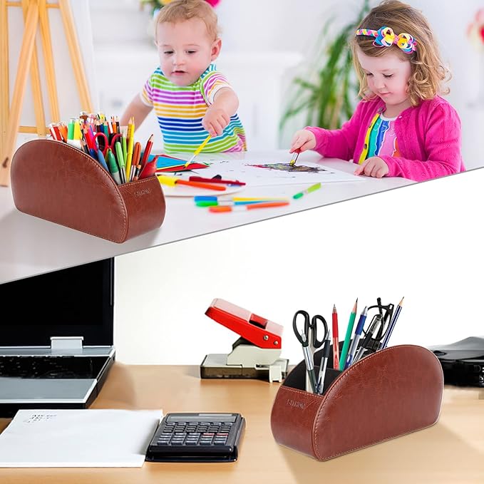 SITHON Remote Control Holder with 5 Compartments - PU Leather Remote Caddy Desktop Organizer Store TV, DVD, Blu-Ray, Media Player, Heater Controllers, Brown