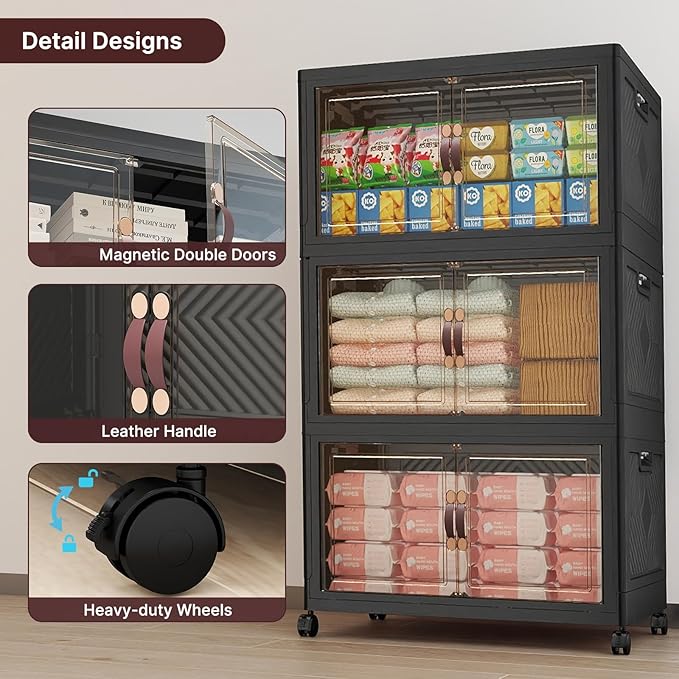 UAMFURI Stackable Storage Bins with Lids, 360QT Closet Organizers, Lockable Storage Cabinet, Foldable Storage Box with Doors and Wheels, Plastic Drawers for Home, Garage, Office (3, Black, Large)