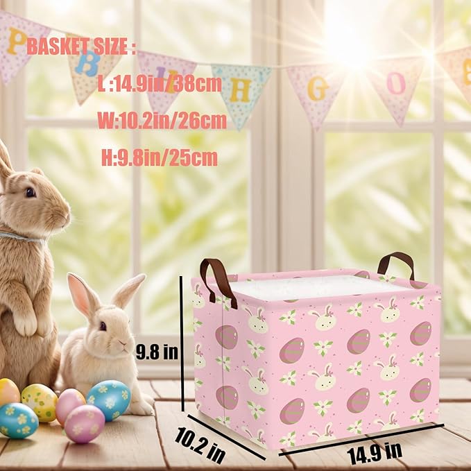 Large Cute Easter Basket for Kid Empty Gift Baby Rectangle Storage Bin Bunny Eggs Boy＆Girl Room Décor (Rabbit Pink Flower Egg)