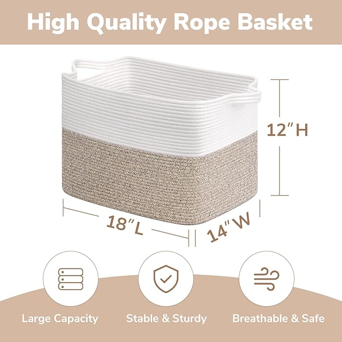Goodpick Woven Baskets for Organizing, 18" x 14" x 12" Blanket Storage for Living Room Home Decor, Rectangle Toy Storage Basket for Kids, Large Gift Baskets Empty, White & Brown
