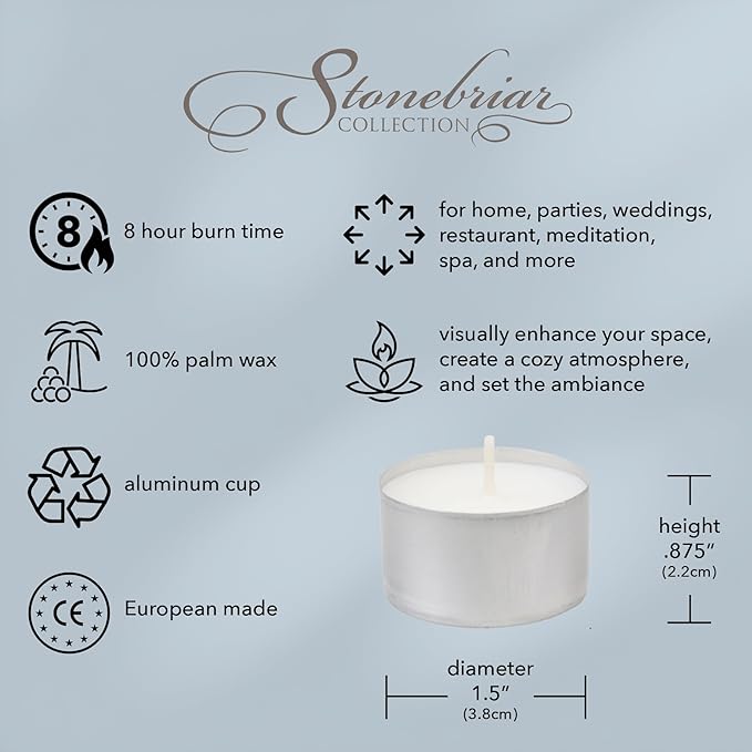 Stonebriar White Unscented Smokeless Long Burning Tea Light Candles with 8 Hour Burn Time, 200 Count