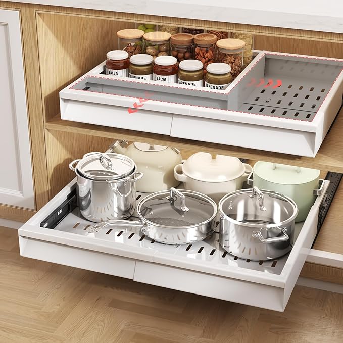 2 Pack Pull Out Cabinet Organizer With Raising Pad for Framed Cabinets,Expandable Width (13"-21") and Depth (13"-17"),3 Slide Rails Slide Out Drawers with Handle,No-Drill Roll Out Shelf,White