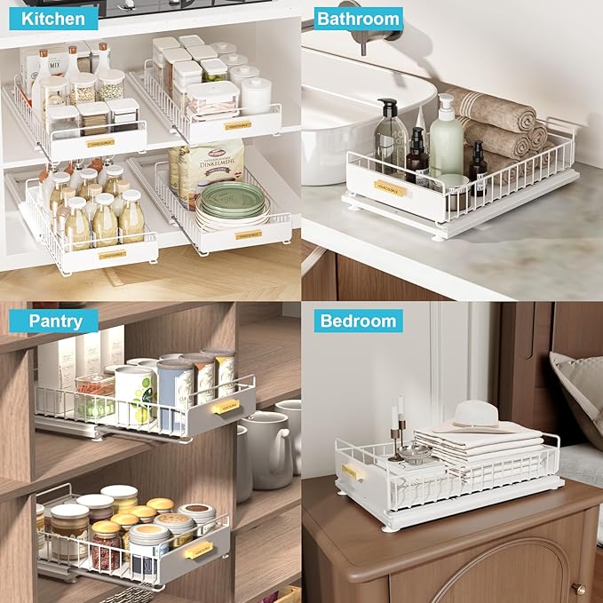 Pull Out Cabinet Organizer,Under Sink Organizer and Storage, Metal Slide Out Drawers for Cabinets, Multi-Purpose Storage Shelf for Kitchen, Cupboard, Bathroom 2 Pack White
