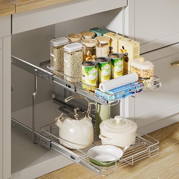 Delamu 14" W X 21" D Pull Out Cabinet Organizer, 2 Tier Heavy Duty Cabinet Shelf Organizers, Cabinet Slide Out Shelves for Kitchen, Pantry and Bathroom, Silver