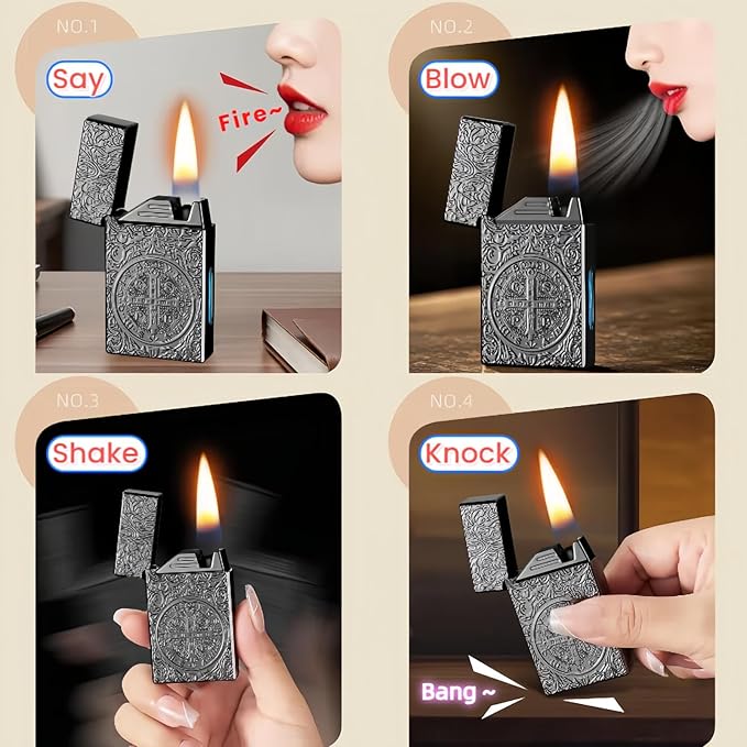 Smart Kerosene Lighter - 4 Ignition Modes (Voice/Gravity/Airflow/Tap), Loud Click & Soft Flame, USB-C Rechargeable and Refillable Lighters with Visible Fuel Window (No Fuel Included)