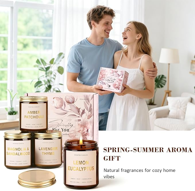 Candles for Home Scented, 4 Pack Soy Candle Non Toxic, Spring Aroma Candles with Lavender Thyme,Magnolia & Sandalwood,Amber Patchouli,Lemon Eucalyptus - Candle Gifts Set for Women & Mothers Day