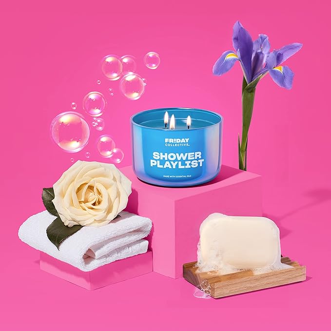 Friday Collective Shower Playlist Candle Fresh & Clean Scented Made with Essential Oils 3 Wicks 13.5 oz