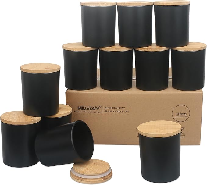 MILIVIXAY 12 Pack 10 OZ Matte Black Thick Glass Candle Jars with Lids - Bulk Empty Candle Jar for Making Candles - Spice, Powder Containers.