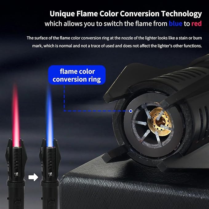Torch Lighter, Bright Fire Lighter with Safety Lock and Adjustable Red/Blue Flame, Refillable Butane Gas Windproof Jet Flame Cool Lighters, for Candles Campfires BBQ Baking, Camping, Gift