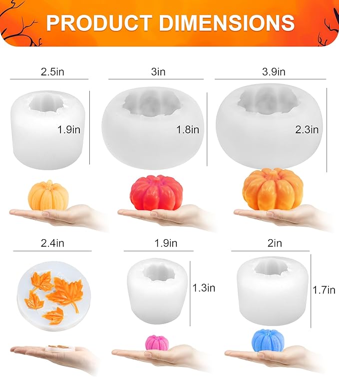MGLIFEUL 6 pcs Upgrade Large Halloween Pumpkin Maple Leaf Candle Silicone Candle Mold with Wax Core, Halloween Fall Pumpkin Candle Resin Soap Molds Silicone Suitable for Businesses or households