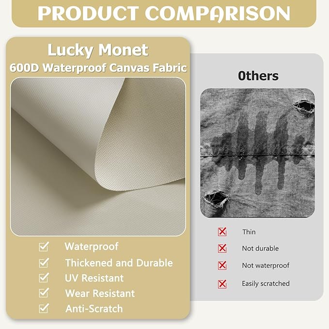 Waterproof Marine Canvas Fabric by The Yard 58" W 600D PVC Backing Water-Resistant Polyester Fabric Upholstery Material for Outdoor Indoor Marine Awning Tent Boat Furniture Cover DIY, 3 Yards Beige