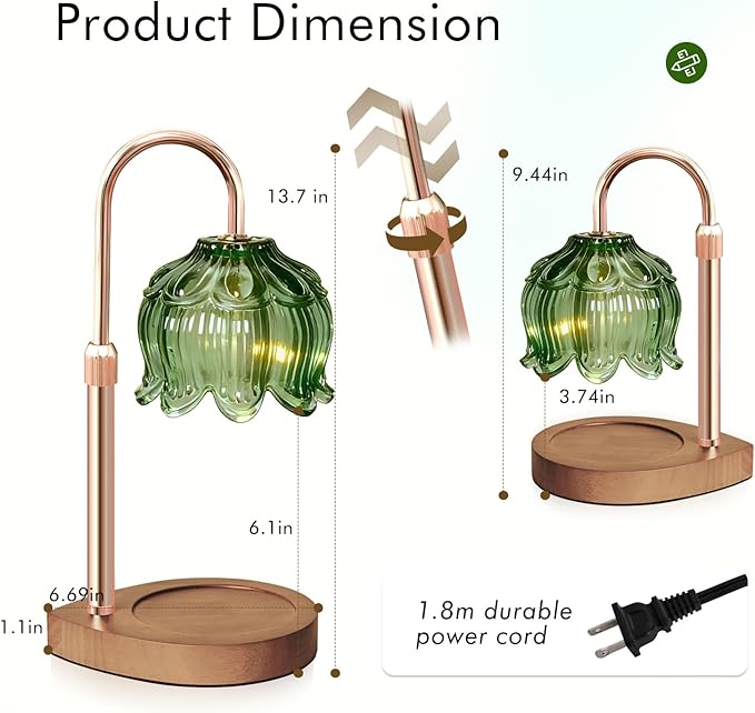 Candle Warmer Lamp - Dimmable Candle Lamp with Timer, Flower Wax Warmer Lamp for Jar Candles, Adjustable Height Wax Melter for Women Gift Home Decor, Farmhouse (Green)
