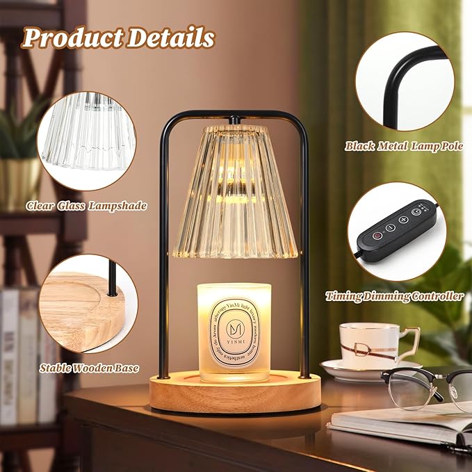 Candle Warmer Lamp with Timer, Electric Candle Lamp Warmer for Jar Candles, Dimmable Wax Melt Warmer with 2 Bulbs, Mom Christmas Gifts Birthday House Warming Gifts New Home, Vintage Home Bedroom Decor