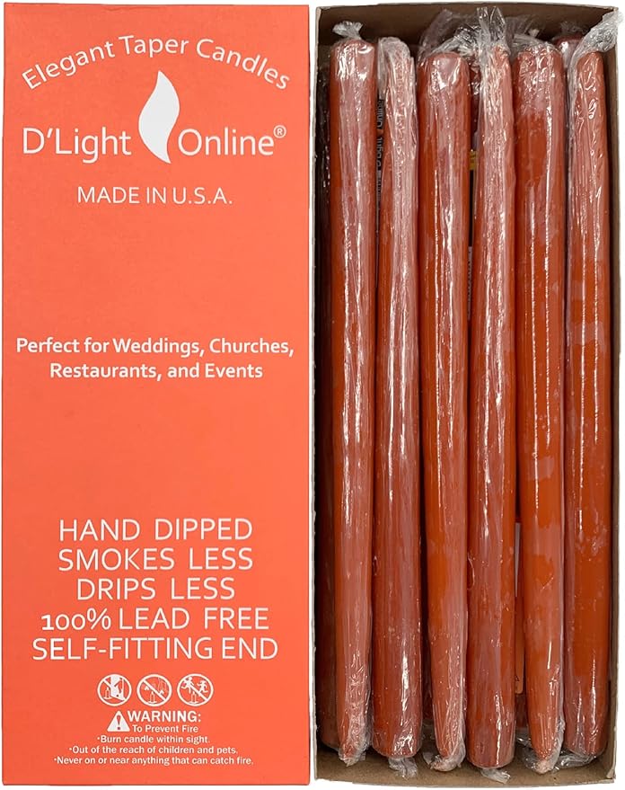 D'light Online Elegant 12" Unscented Cinnamon Burnt Orange Taper Candles Premium Quality Hand-Dipped Tapered Candles, Dripless and Smokeless - Set of 12 Individually Wrapped (12 Inch, Cinnamon)