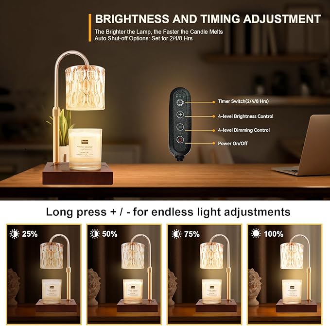 TOACSUCP Candle Warmer Lamp with 3 Bulbs, Adjustable Height Dimmable Candle Warmer with Timer, Compatible with Large Jar Candles, Candle Lamp with Charming Gift Box Ribbon for Her/Him(Walnut)