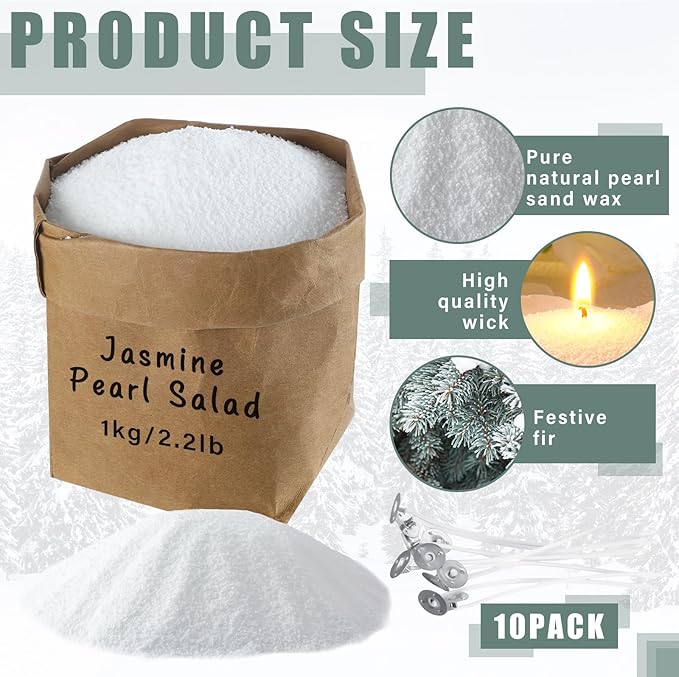 Conelist 2.2 lb Fir Scented Pearled Candle Sand Wax Set Customized Powder Making Candles Refill Kit Palm Wax All Natural Non Toxic with 10 Wicks for Gifts DIY Making