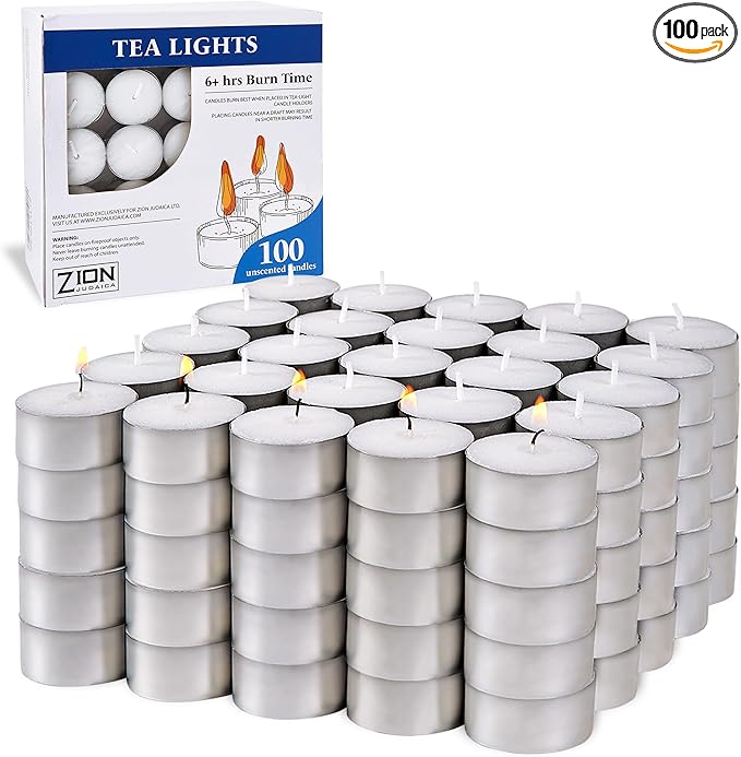 Zion Judaica Tealight Candles Unscented 100 Pack – 6 Hour Long Lasting, Smokeless, Dripless, Clean Burn – Tea Lights for Home, Religious, Ambiance, Shabbat, Camping, Food Warming