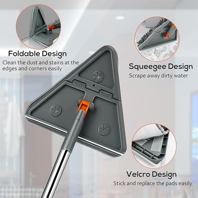 Base Board Cleaner Tool with Handle, 360 Rotating Wall Cleaner Mop, 180 Folding Ceiling Tool Duster with Squeegee for Cleaning Wall, Ceiling, Window, Floor, 8 Replacement Cleaning Pads