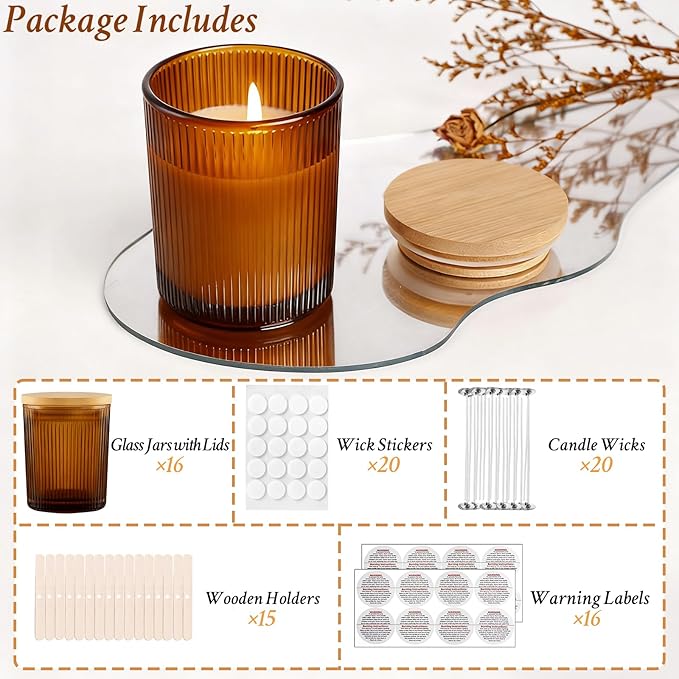 CONNOO 16pcs Ribbed Candle Glass Jars with Natural Bamboo Lids, 7oz Thick Containers for Candle Making with Wicks & Stickers, Ribbed Amber Jars for DIY Projects, Bulk Orders, Gifts & Home Décor