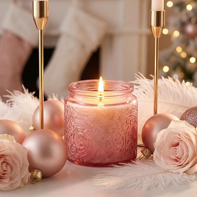 9-Pack 10 oz Sun Moon Star Embossed Glass Candle Jars with Mirror Lids and Labels - Unique Pink Candle Containers with Lids for Candle Making