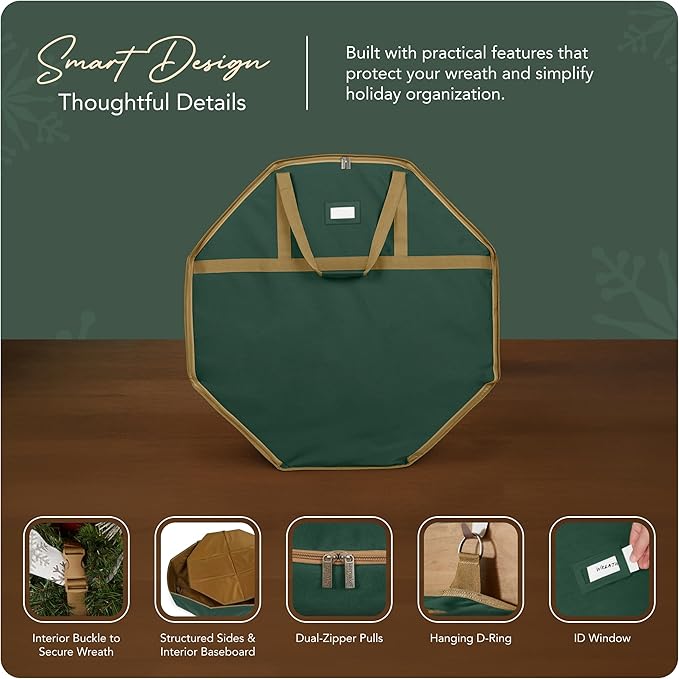 Covermates Keepsakes Deluxe Wreath Storage Bag – Heavy-Duty Polyester with Buckle Strap & Structured Interior – Protective Holiday Organizer with Handles, D-Ring & Label Window, Green
