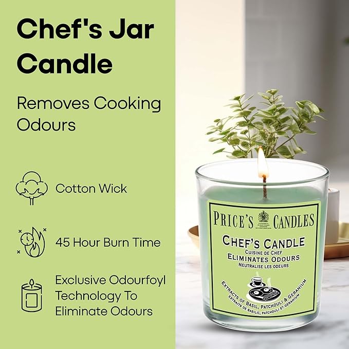 Price's - Chef's Jar Candle - Odour Eliminating Candle - Made with Basil, Patchouli & Geranium Extracts - Clean, Fresh, Quality Fragrance - Long Lasting Scent