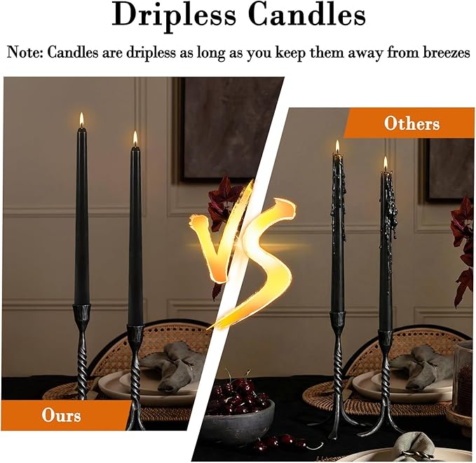 12Pack 10inch Black Taper Candle-Unscented and Smokeless-8hours Long Burning time,Dripless,Ideal for Halloween Taper Candles, Weddings, Dinner,Parties