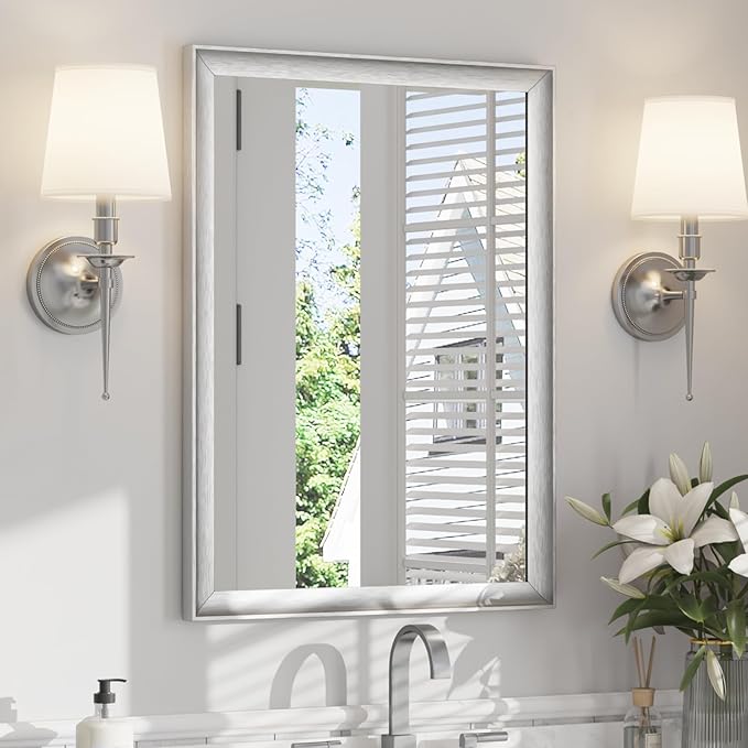 USHOWER Brushed Nickel Bathroom Mirrors for Over Sink 22x30 Inch, Metal Framed Rectangle Vanity Mirror for Wall, Bedroom, Living Room, Entryway, Anti-Rust, HD Tempered Glass, Horizontal/Vertical