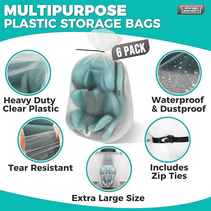 Storage Standard Large Clear Plastic Bags for Storage 6-Pack - Waterproof Extra Large Plastic Bags with Zip Ties, Heavy-Duty Cover for Pillows, Comforters, Chair Cushions & Textiles - 36 x 50 Inches