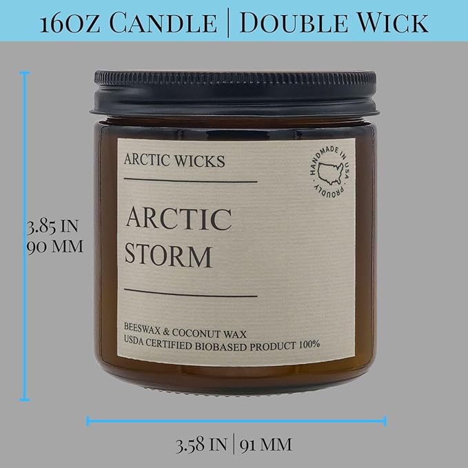Arctic Wicks Handcrafted Candles | Non Toxic Coconut Beeswax Candles 16oz Double Wick | 100% USDA Certified Biobased, Handmade, Premium Waxes, Non-Toxic (Arctic Storm, 16oz Amber Jar)