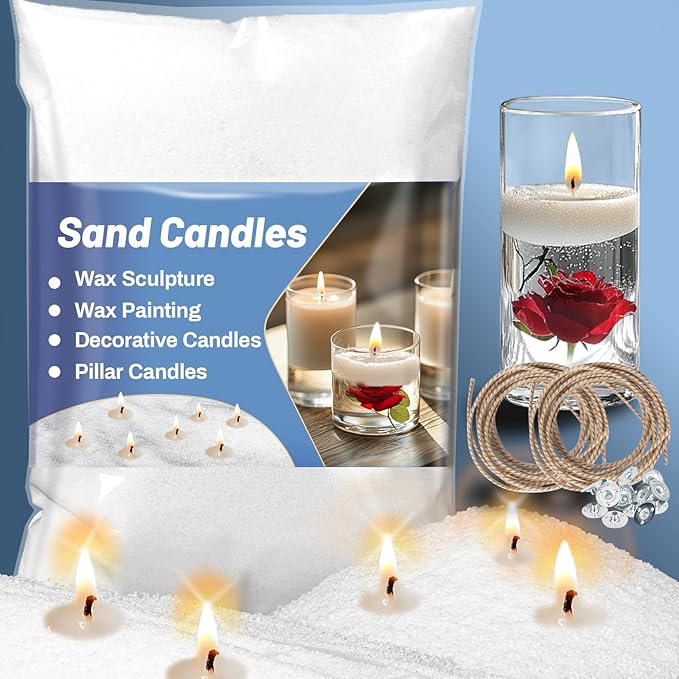 Sukh 430g (0.95lb) Candle Sand with Wick - Refillable Pearled Candles Sand and Wicks Reusable Snow Powder Wax for DIY Making, Gifts, Holiday Decorations