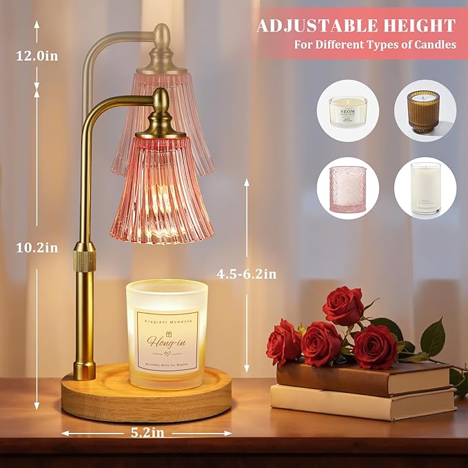 Hong-in Pink Candle Warmer Lamp with Timer Dimmable,Birthday Gifts for Women,Adjustable Height Wax Melt Warmer for Jar Candles,House Warming Gifts New Home,Ideal for Office,Dorm,Bedroom Home Decor