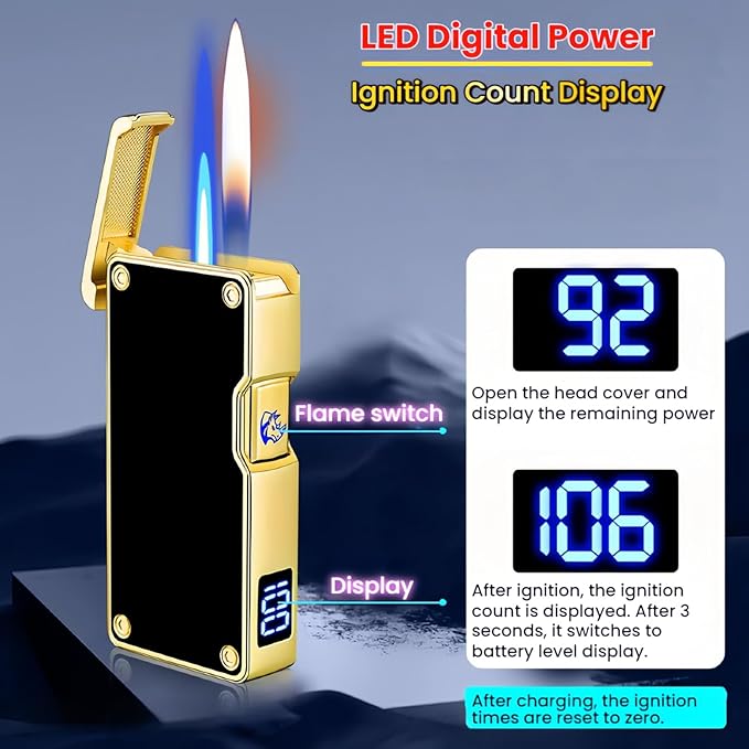 Smart Butane Lighter with 5 Ignition Methods, Voice-Activated Dual Flame Lighter with Windproof Blue Torch and Soft Flame Options, Rechargeable and Refillable Lighters (Without Fuel) (Brass)