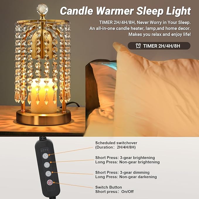 Gold Candle Warmer Lamp with Timer and Dimmer - Electric Candle Warmer,Crystal Candle Lamp for Bedroom Decor,Flameless Scented Candle Light Warmer,House Warming Gift New Home for Women