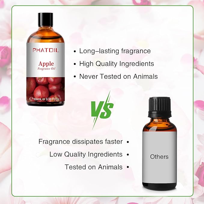 PHATOIL 3.38FL.OZ Apple Fragrance Oils for Aromatherapy, Essential Oils for Diffusers for Home, Perfect for Diffuser, Yoga, Skin Care, DIY Candle and Soap Making - 100ml