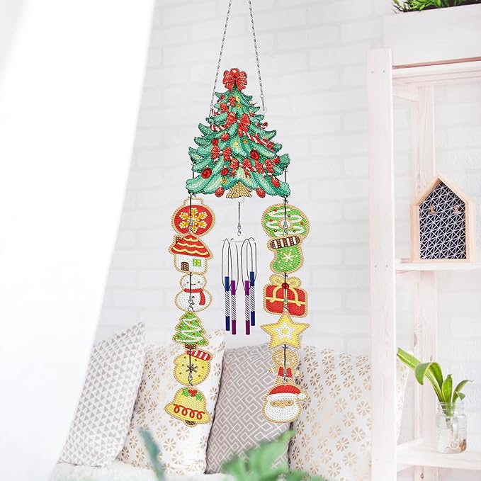 Diamond Dots Christmas Tree Wind Chimes Hanging Ornaments DIY Kits 5D Christmas Tree Diamond Art Painting Wind Chime Hanging Pendant Double Sided Special Shaped Gem by Number Yard Office Window Decor