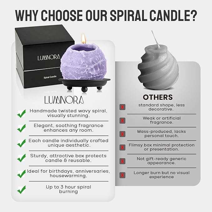 LUMINORA Spiral Scented Candle for Women & Men | Hand-Crafted Decorative Soy Wax Candle | Decor Wick Flower | Unique Twisted Spiral Burn Design | Aromatherapy Candle | Languid | (Lavender Scent)