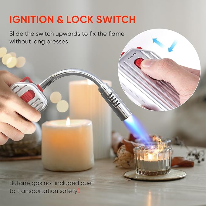 Megainvo Butane Lighter Torch Long Lighter Gas Refillable Fireplace with Adjustable and Continuous Flame, Long Neck Camping for Candle Fireplace Grill Camping (No Butane Included)