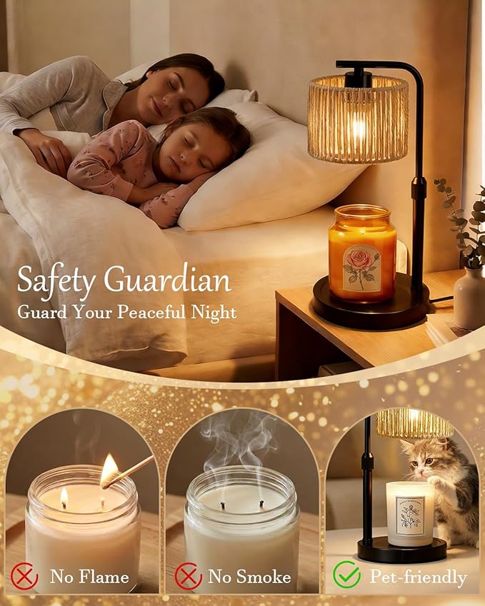 Candle Warmer Lamp, Timer Dimmable Candle Lamp, Adjustable Height and Brightness Black Candle Warmer, Boho Rattan Lampshade and 2 Bulbs, Suitable for Home Decor, Birthday Gifts for Women Mom