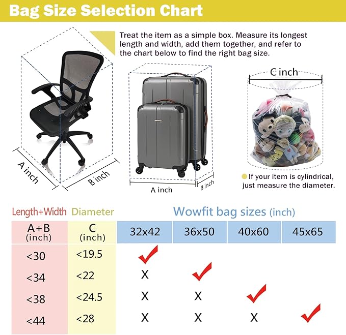 Wowfit 5 CT 45x65 inches Extra Large Clear Plastic Bags Perfect for Car Seat, Luggage, Suitcase, Stroller, Chair, Kids Bike and Attic Storage (2 Mil Flat Bags, Include 5 Ties)